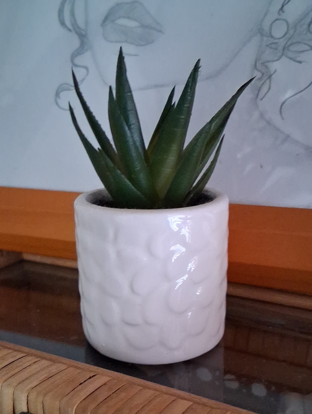 Mini White Textured Ceramic Planter with Green Faux Succulent